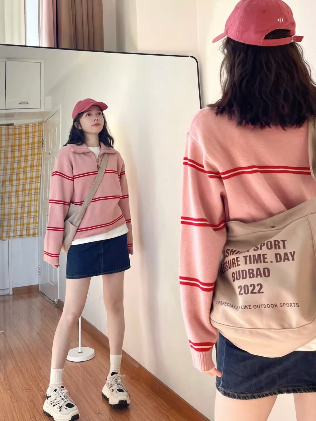 Korean retro contrast striped polo collar pink sweater women's autumn and winter small pullover lapel sweater top