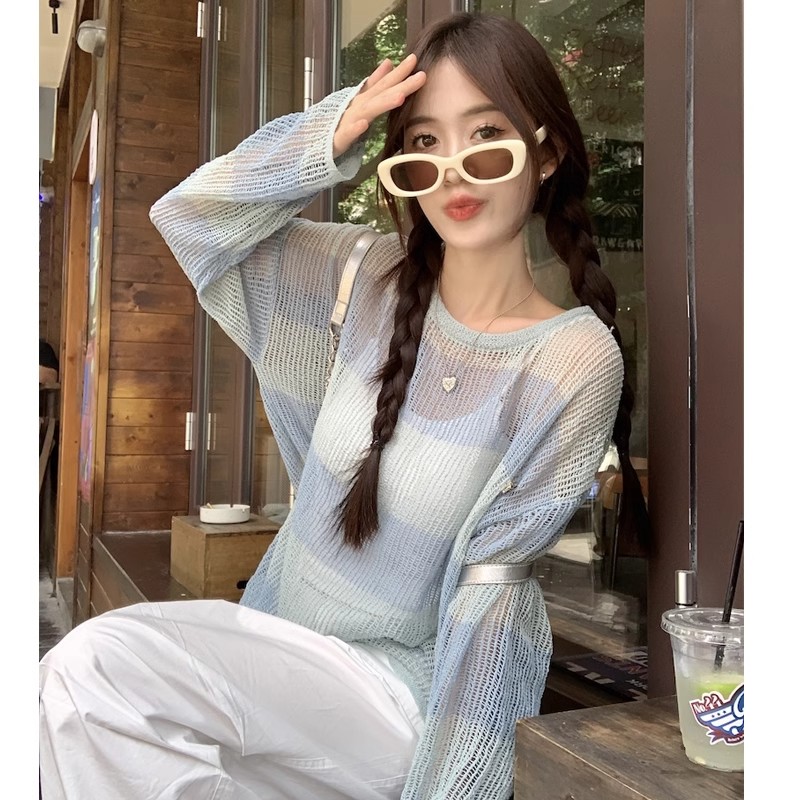 Hot girl hollow striped sunscreen ice silk sweater for women spring and summer 2024 new blouse thin layered outer top