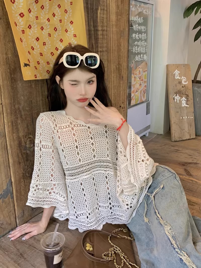 Ice silk knitted sweater for women in summer, bell sleeves, off-shoulder, hollow, loose, long-sleeved top, lazy style, thin sun protection blouse