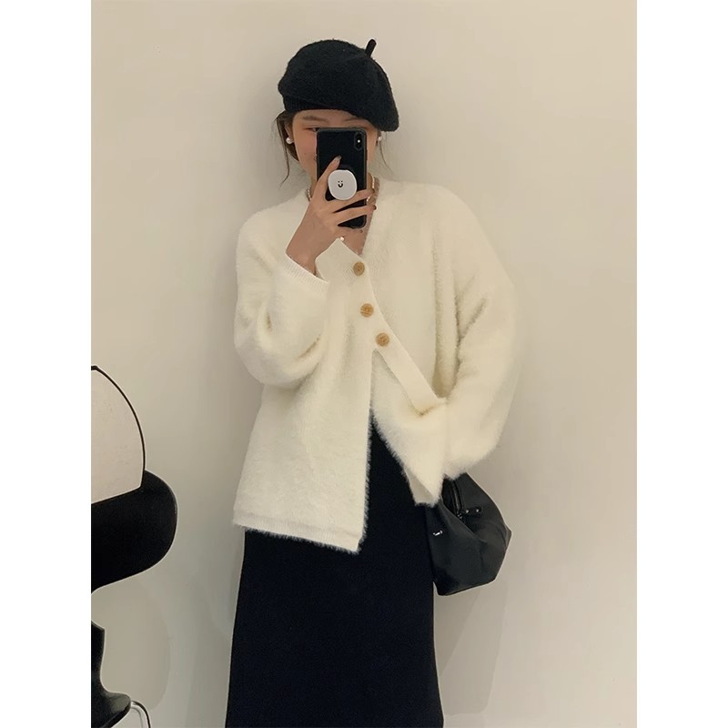 Mmao imitation mink velvet oblique button sweater cardigan women's mid-length autumn new V-neck irregular sweater loose