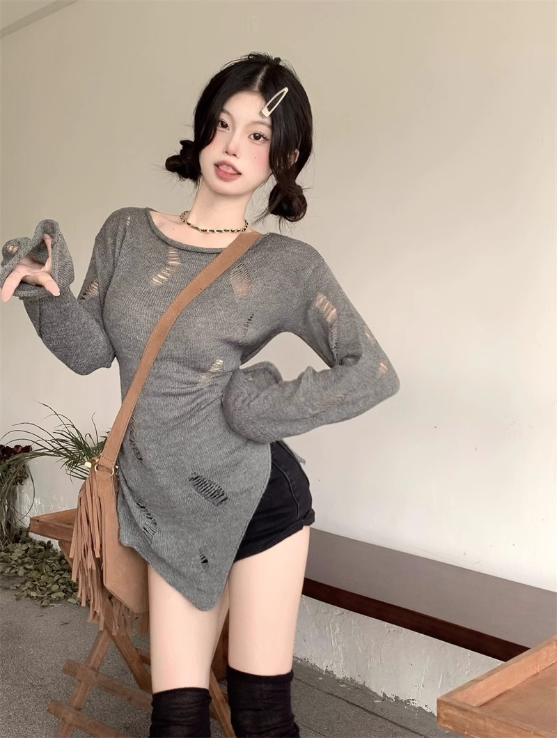 Lazy style ripped long-sleeved sun protection knitted blouse for women spring thin irregular design niche tops and jackets