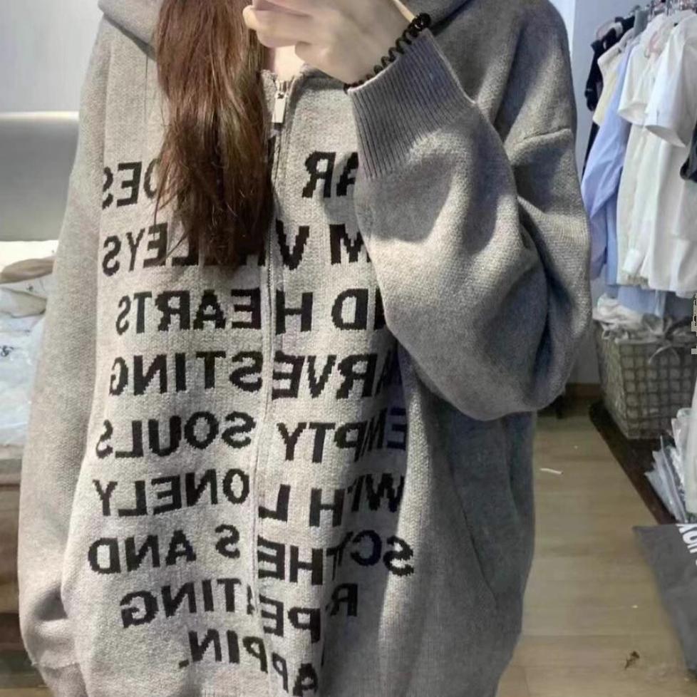 National trend American letter print knitted cardigan women's autumn and winter street oversize lazy style slogan hooded jacket