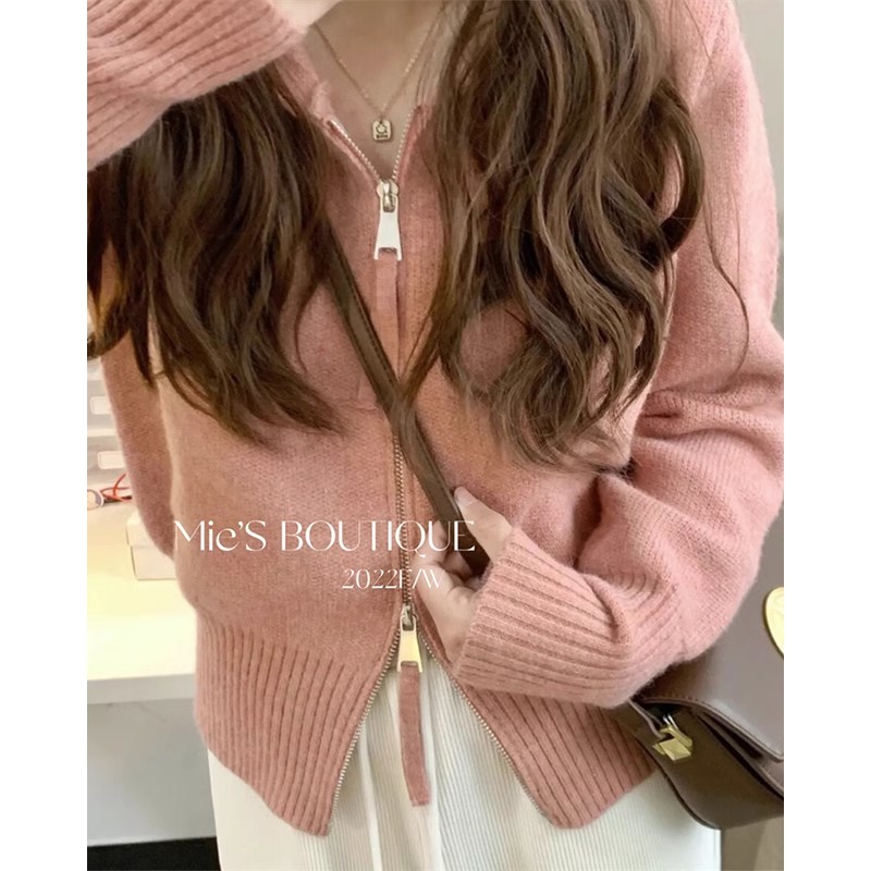 Autumn and winter soft waxy double zipper hooded knitted cardigan for women, high-end lazy style outer sweater jacket pink top