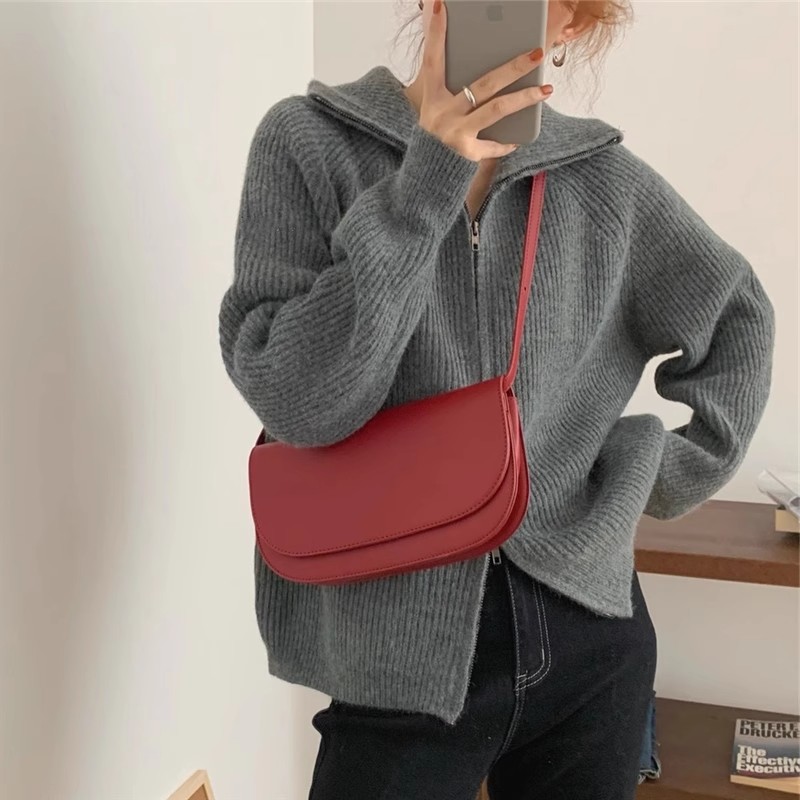 Autumn and winter lazy style high collar thickened knitted cardigan Korean style ins zipper design niche lapel sweater for women