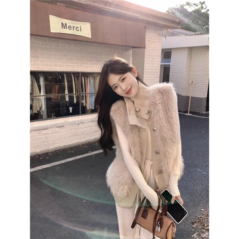 kumikumi gentle style plush sleeveless vest jacket women's autumn loose casual outer soft waxy top