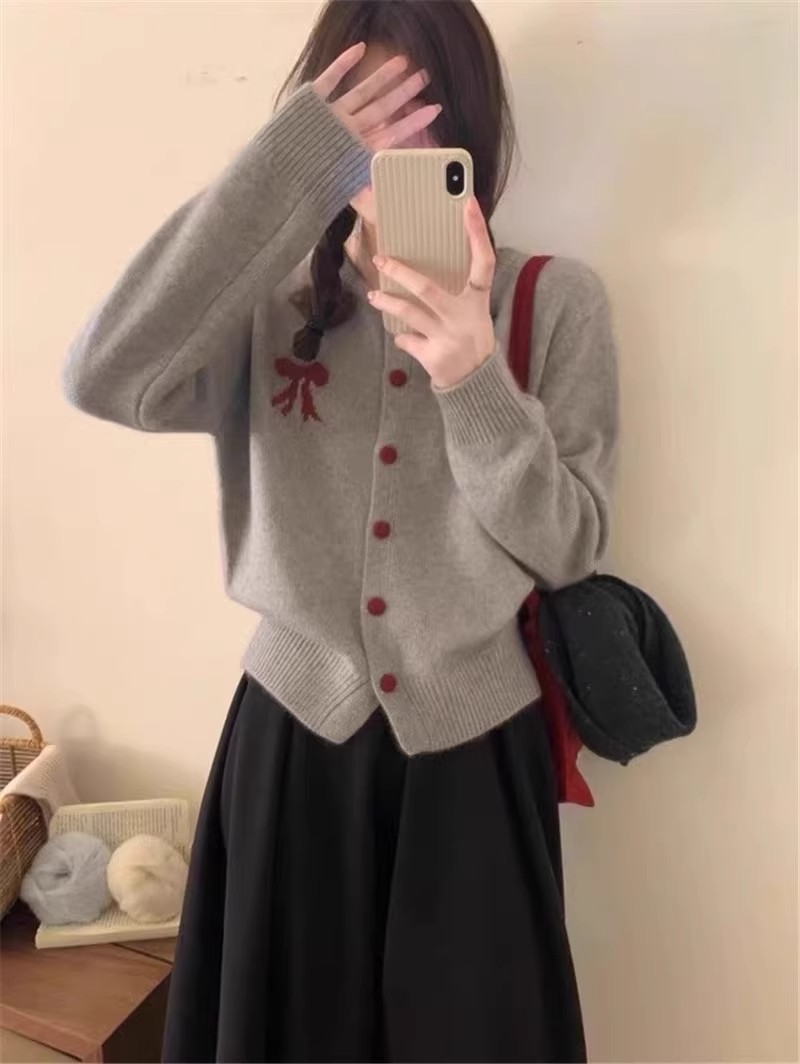 Korean style sweet bow soft waxy wool cardigan for women autumn and winter new casual versatile sweater jacket trendy