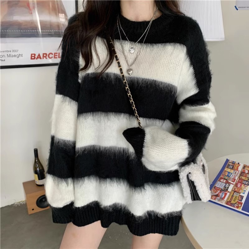 Striped color block sweater women's autumn and winter  new Korean style loose lazy style long-sleeved outer sweater top