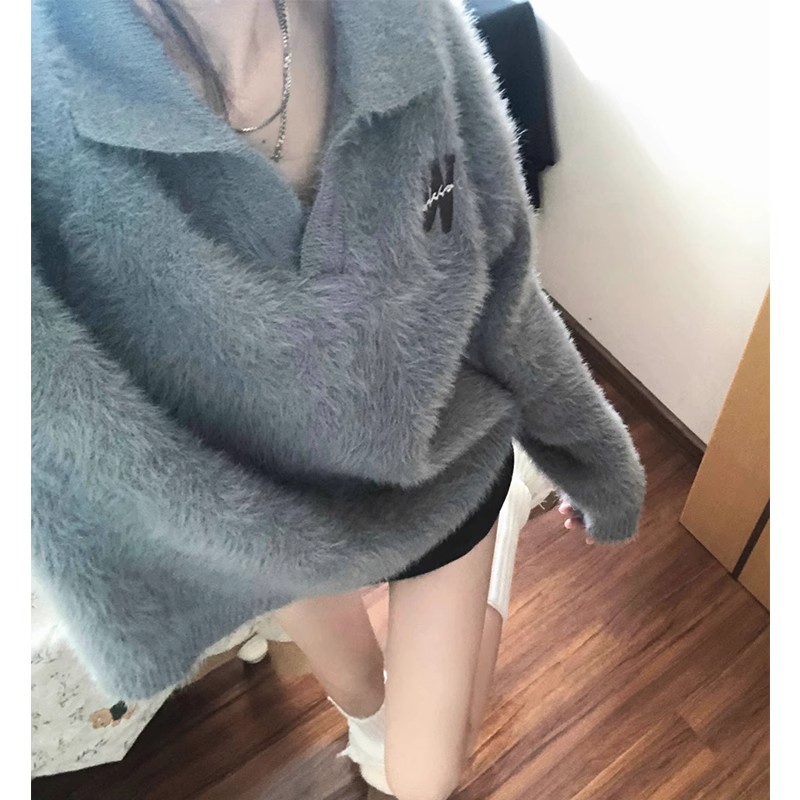 polo collar pullover mink velvet sweater for women in autumn and winter, a high-end and super nice chic and beautiful sweater