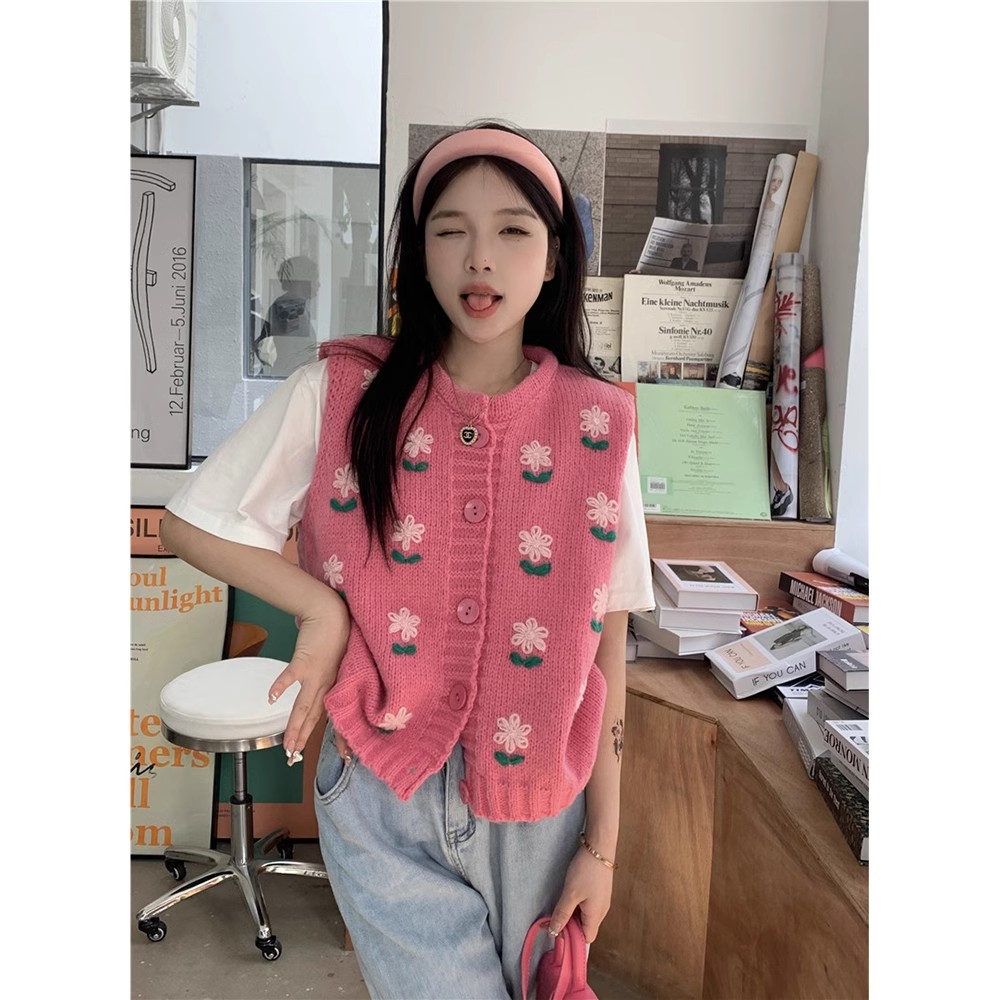 Sweet age-reducing pink knitted vest for women's outer wear spring design embroidered flowers layered sweater vest vest