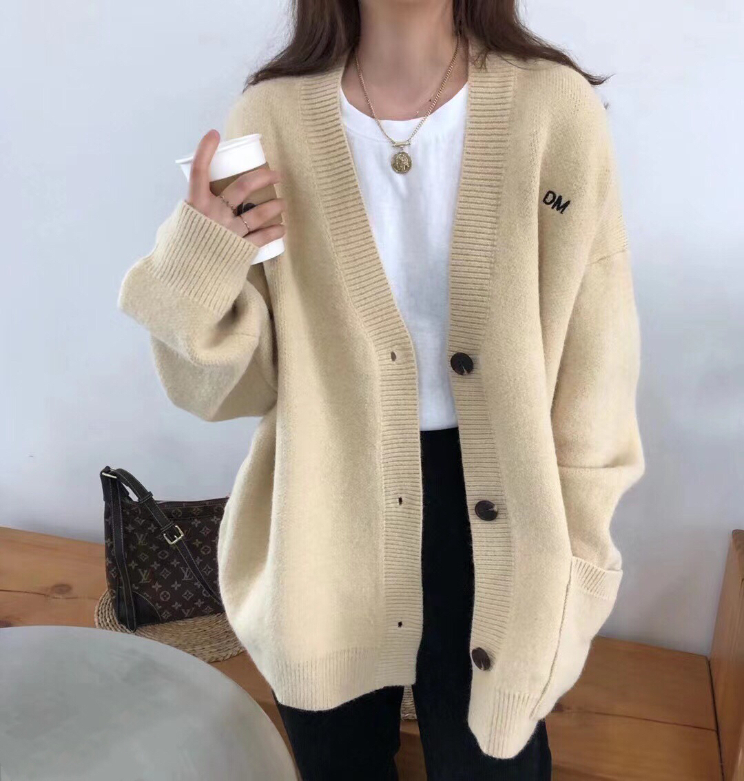 Knitted cardigan for women plus size fat MM loose slimming lazy style autumn and winter thickened warm v-neck gray sweater jacket