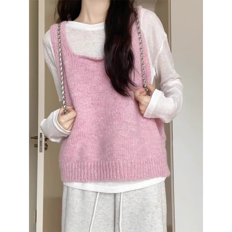 Early spring new style mohair knitted vest women's suspender sleeveless outer top loose layered vest two-piece suit