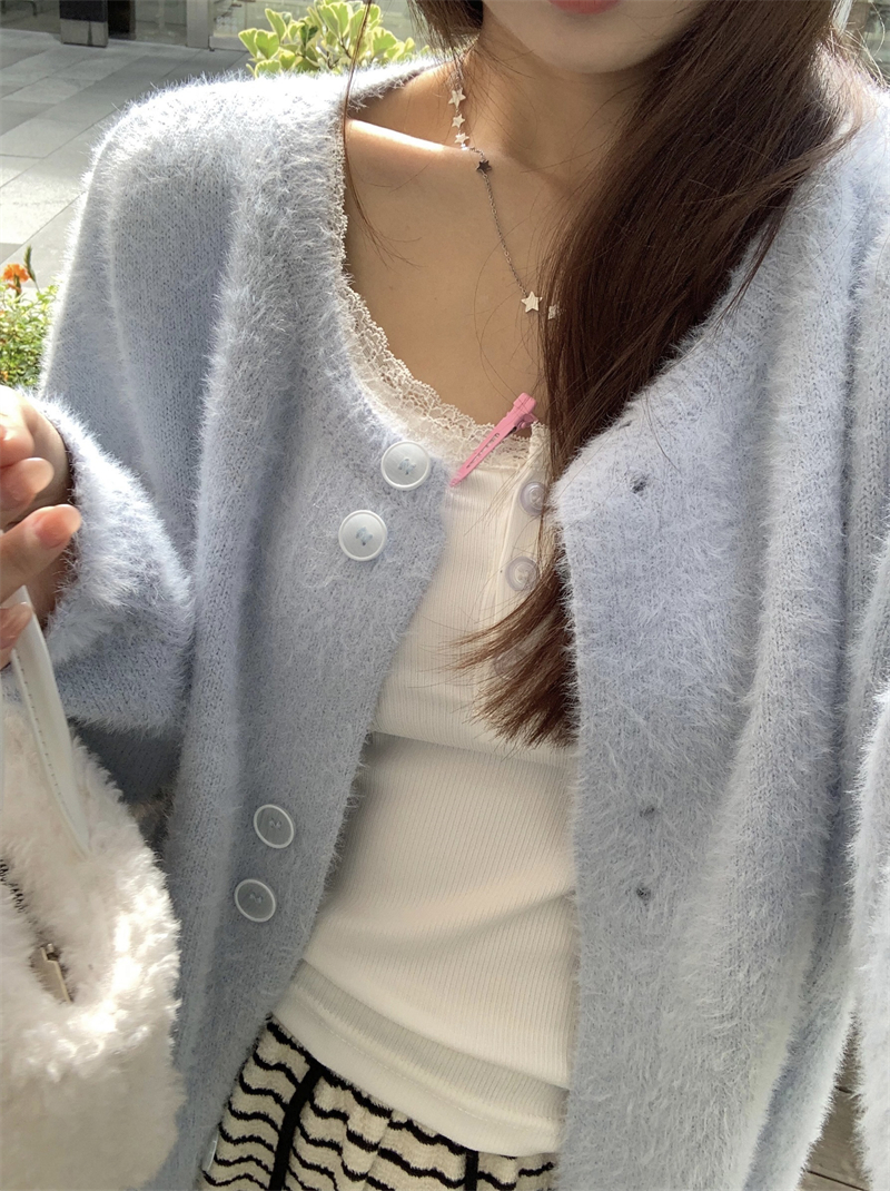 Blue imitation mink soft waxy sweater jacket for women in autumn and winter Korean style lazy style age-reducing loose plush knitted cardigan