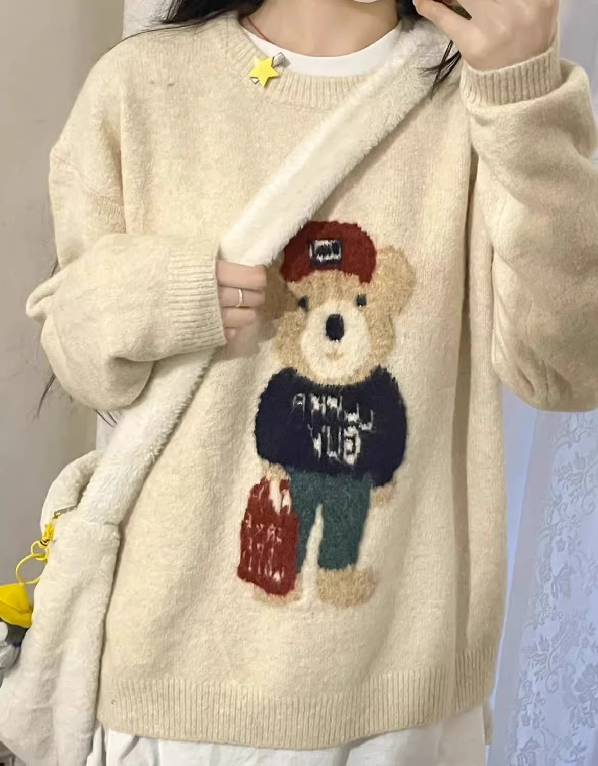 Thick version!  Lazy style cartoon bear pullover sweater for women autumn and winter loose student long-sleeved sweater top fashion