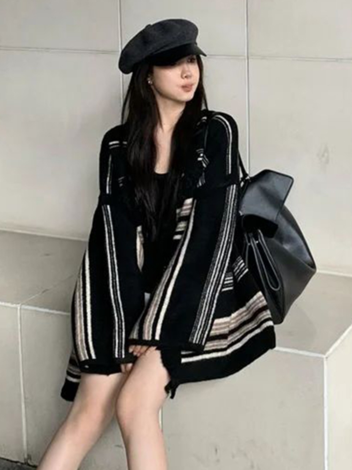 Xiaoxiangfeng contrast striped sweater cardigan for women in autumn and winter lazy style loose mid-length sweater top jacket