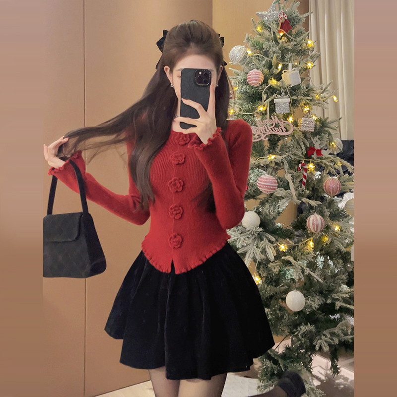 Christmas Outfits Red Sweater Women's Knitted Sweater Cardigan Jacket Autumn and Winter  New Style Bottoming Short Top