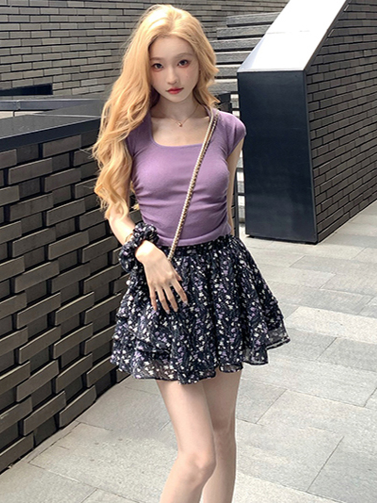 Pink short-sleeved t-shirt for women summer 2024 new slim fit fashionable u-neck waist short top