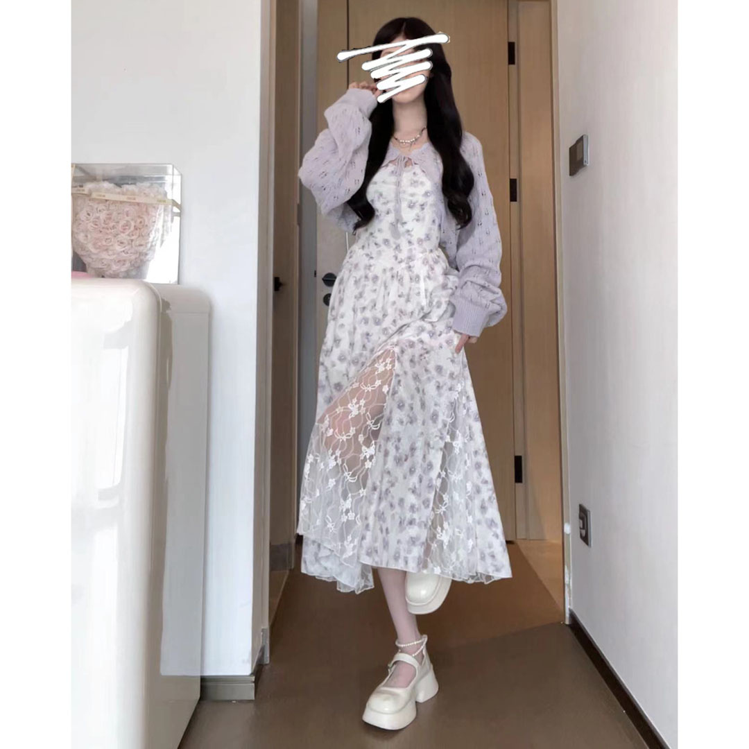 Floral suspender dress spring and autumn chiffon 2024 new summer women's seaside vacation sweater suit