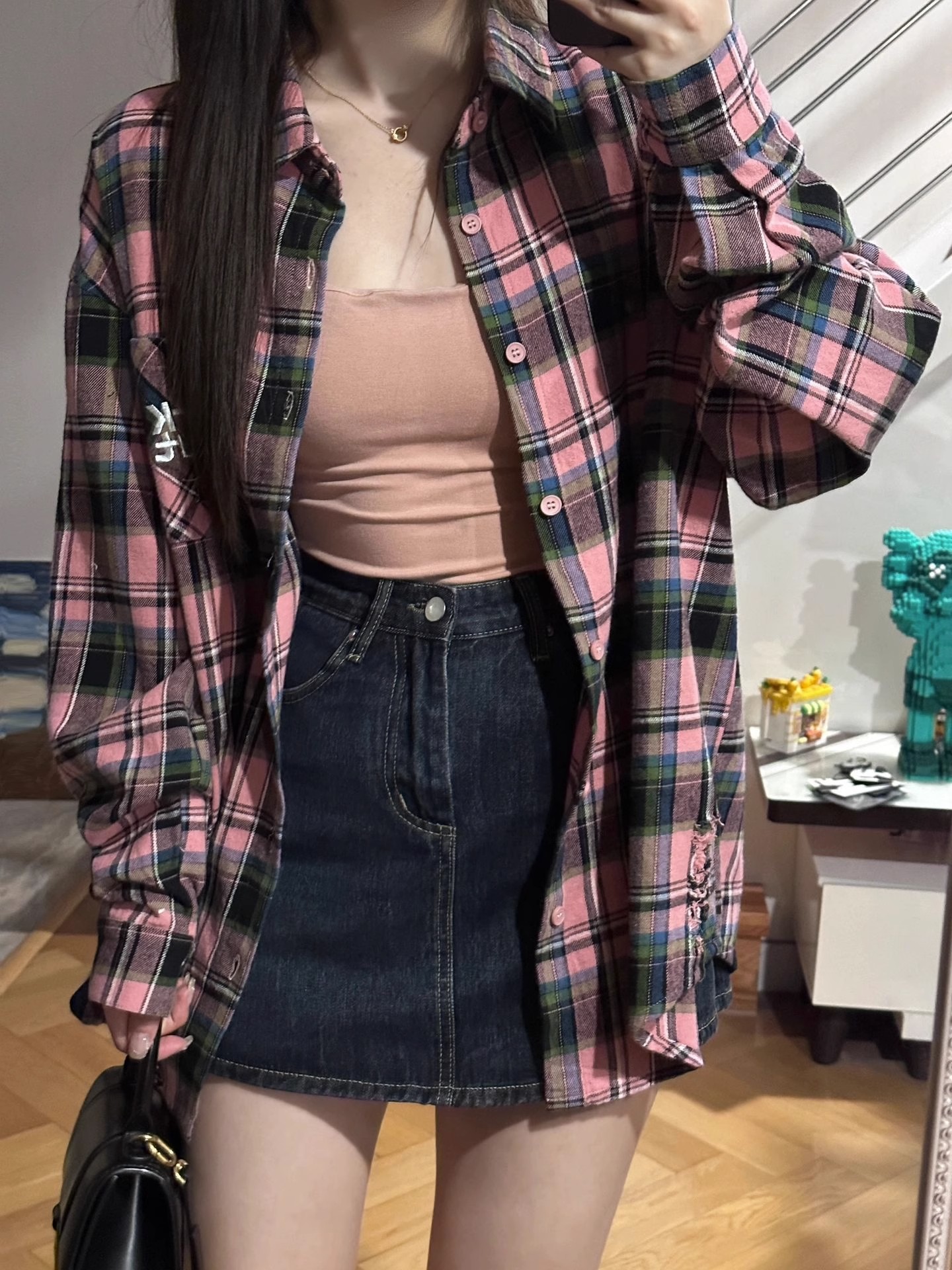 Gaoyanju good-looking ~ American retro bm style pink plaid shirt women's spring and autumn shirt chic long-sleeved top trendy