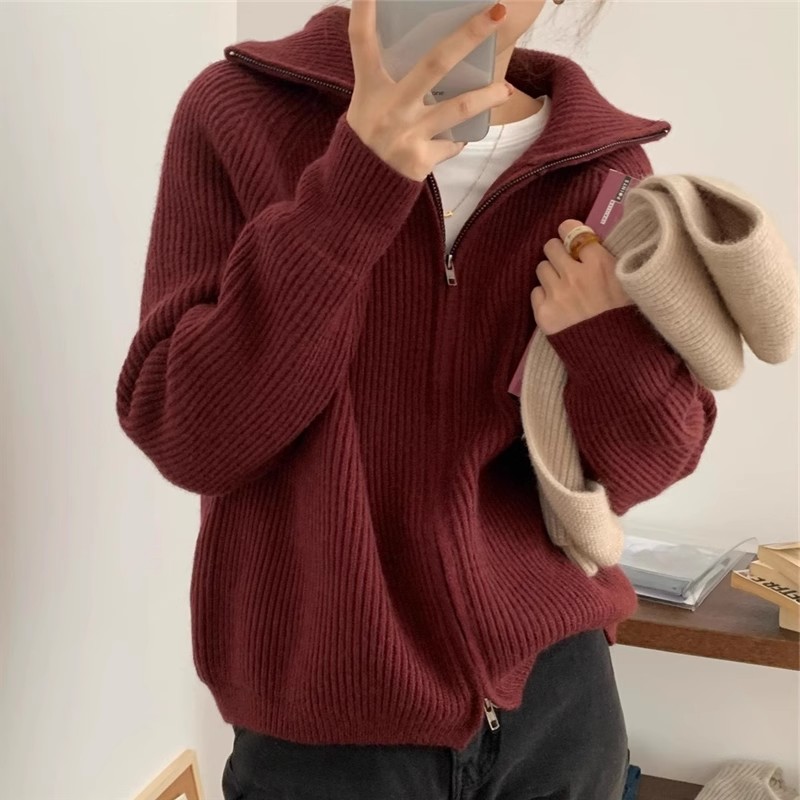 Autumn and winter lazy style high collar thickened knitted cardigan Korean style ins zipper design niche lapel sweater for women