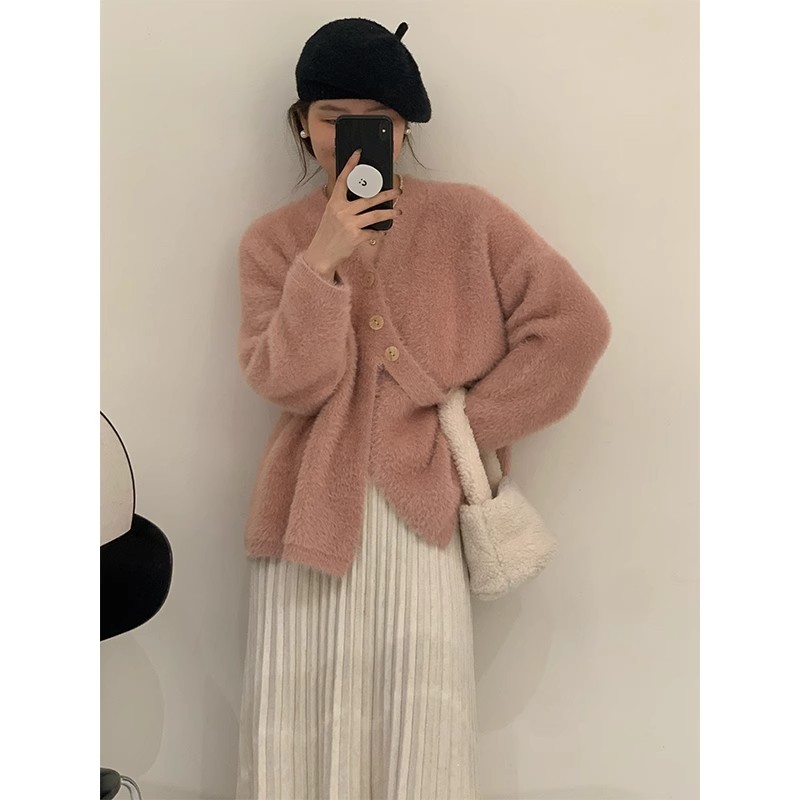 Mmao imitation mink velvet oblique button sweater cardigan women's mid-length autumn new V-neck irregular sweater loose