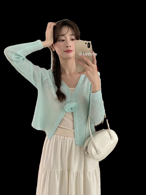 THE LEMON lemon green tea detachable flower knitted cardigan women's spring and summer all-match thin sun protection shirt