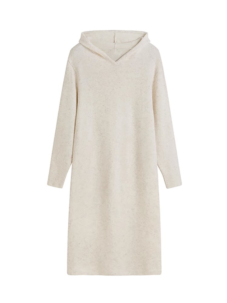 Long knee-high white hooded sweater for women in autumn and winter for small people, lazy style loose bottoming knitted dress