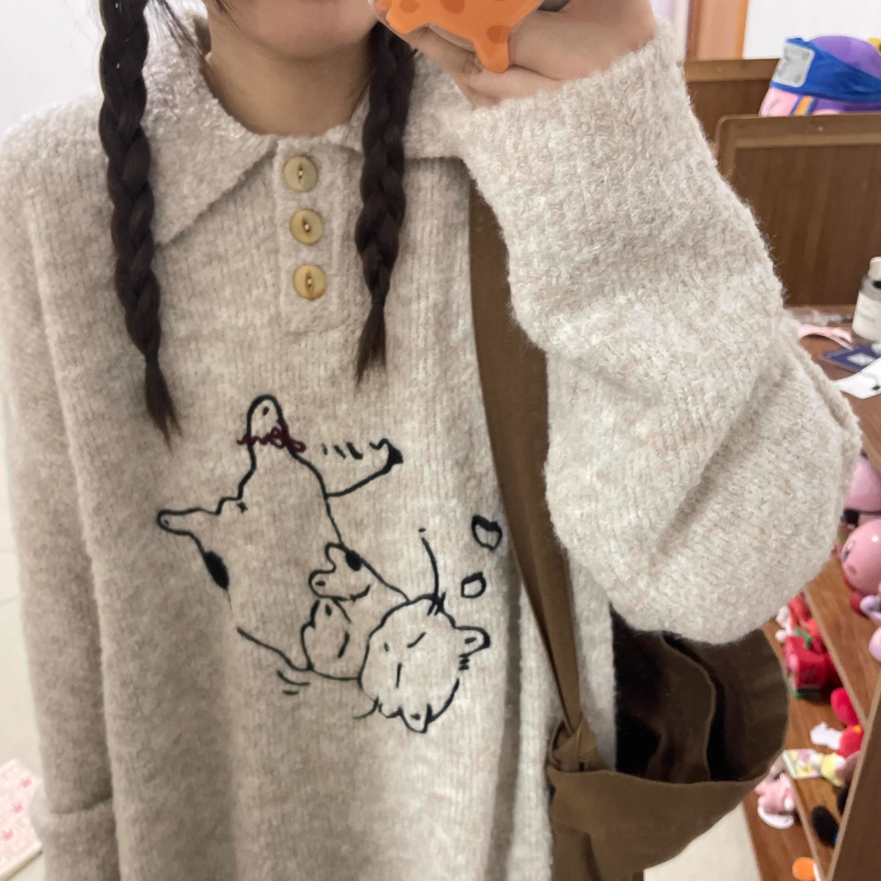 Retro fun kitten embroidered sweater for women autumn and winter new style lazy style loose casual versatile sweater jacket trend