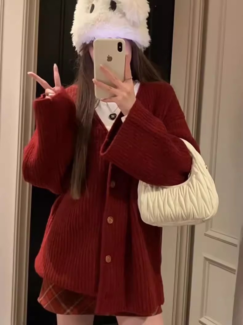 Christmas Outfit New Year Red Sweater Jacket Women's Autumn and Winter  New Style Chic and Beautiful Knitted Cardigan