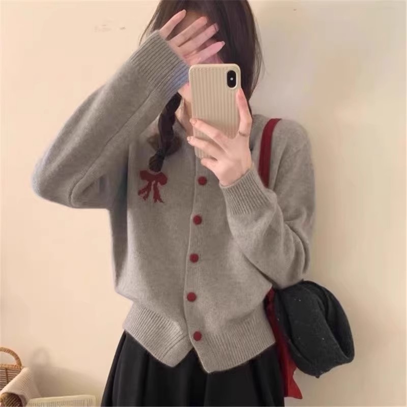 Korean style sweet bow soft waxy wool cardigan for women autumn and winter new casual versatile sweater jacket trendy