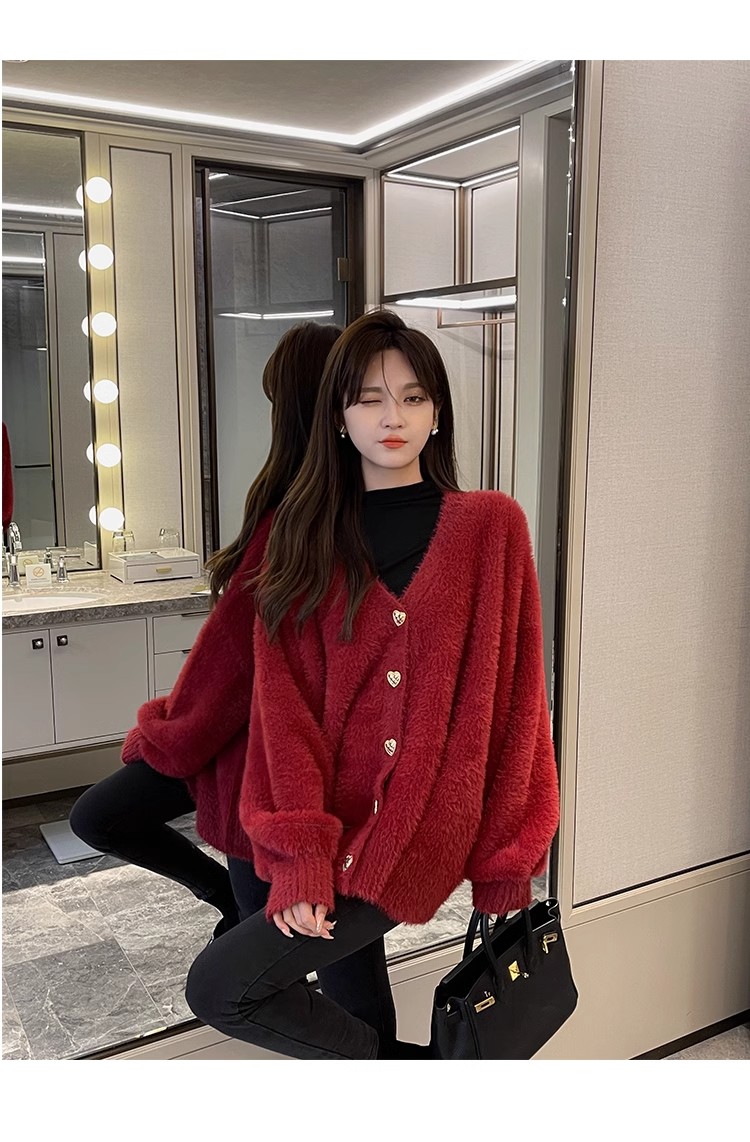 Red imitation mink velvet sweater cardigan coat for women thickened mid-length autumn and winter loose, warm, soft and waxy furry