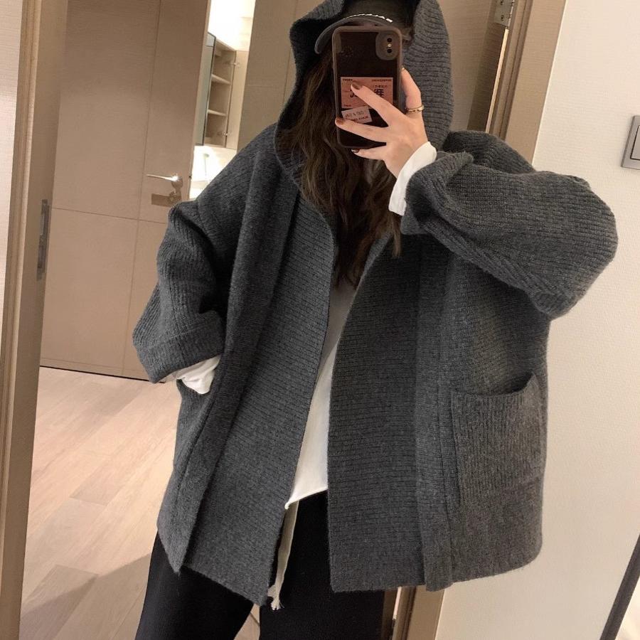 Silhouette hooded thickened pockets large size knitted cardigan for women autumn and winter new Korean design niche sweater jacket