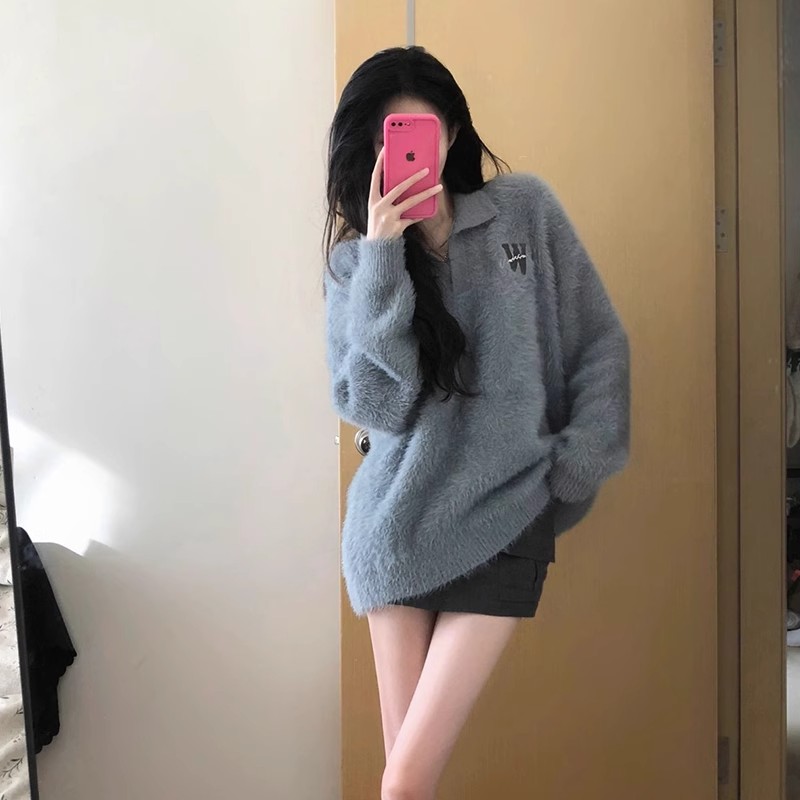 polo collar pullover mink velvet sweater for women in autumn and winter, a high-end and super nice chic and beautiful sweater