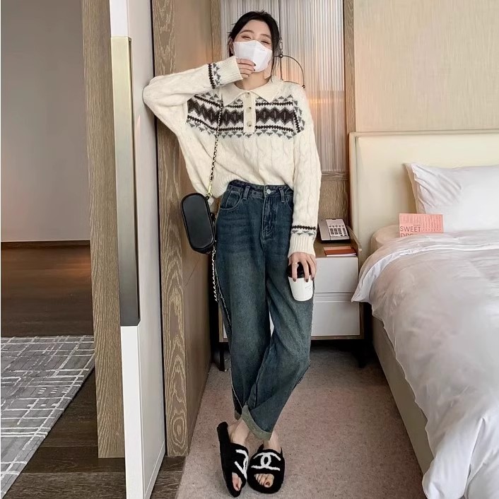 Lapel gentle retro new autumn and winter sweater women's loose lazy style versatile outer wear knitted long-sleeved inner top