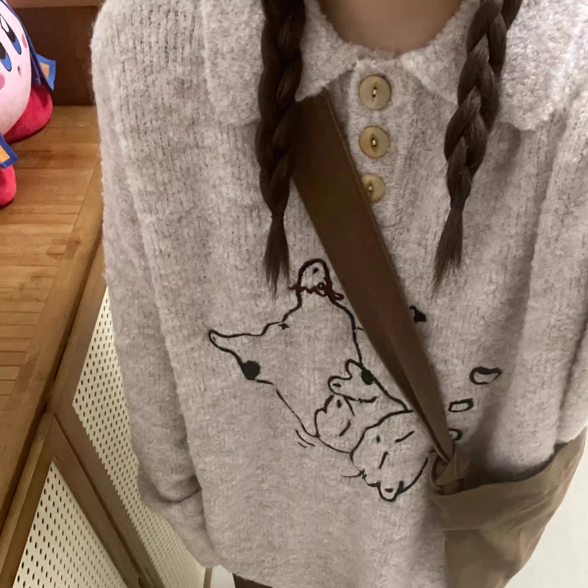 Retro fun kitten embroidered sweater for women autumn and winter new style lazy style loose casual versatile sweater jacket trend