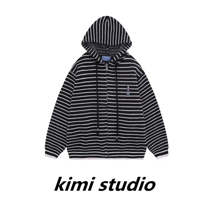 kimi studio 复古条纹连帽针织衫毛衣女ins小熊慵懒风开衫外套冬