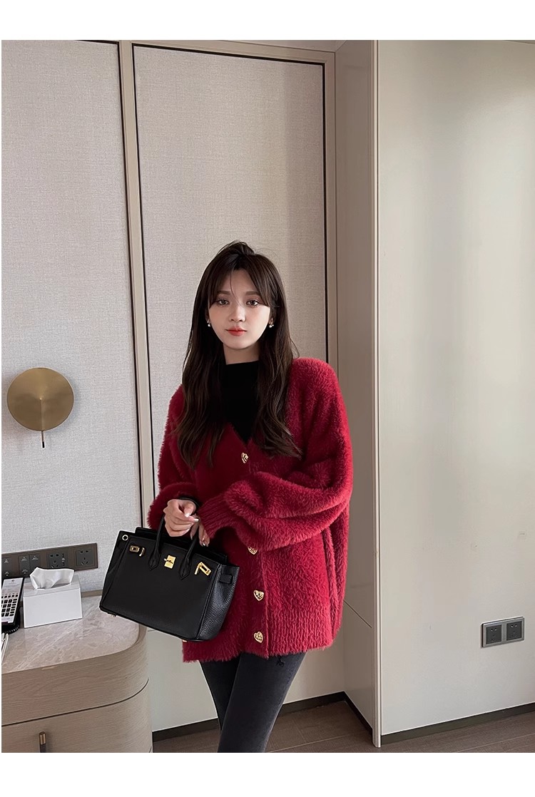 Red imitation mink velvet sweater cardigan coat for women thickened mid-length autumn and winter loose, warm, soft and waxy furry