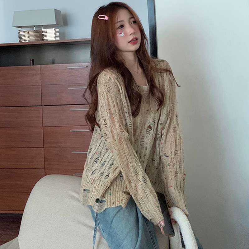 Ripped slit sweater for women, loose and lazy design, niche irregular hollow thin sweater, spring and autumn style