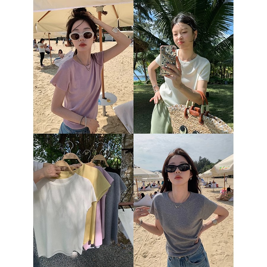 2024 spring Korean version multi-color ice-like soft and waxy slim round neck super elastic and super soft basic knitted T-shirt for women