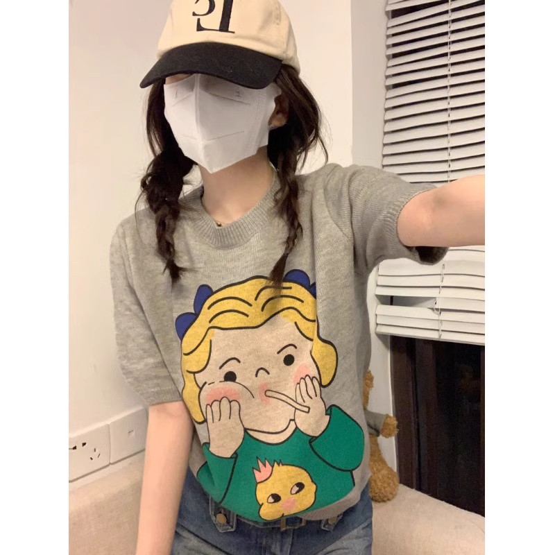 French cartoon print short-sleeved T-shirt women's summer 2024 new loose slimming short knitted bottoming top