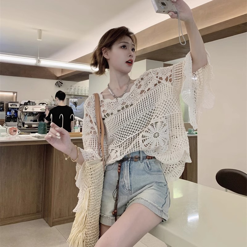 Spring Clothing 2024 New Korean Style Loose Korean Style Versatile Hollow Crochet Long Sleeve Knitted Blouse Tops Knitwear