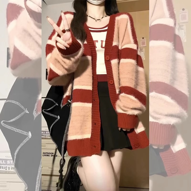  autumn and winter new temperament striped contrasting color v-neck knitted cardigan for women loose lazy style soft waxy sweater jacket