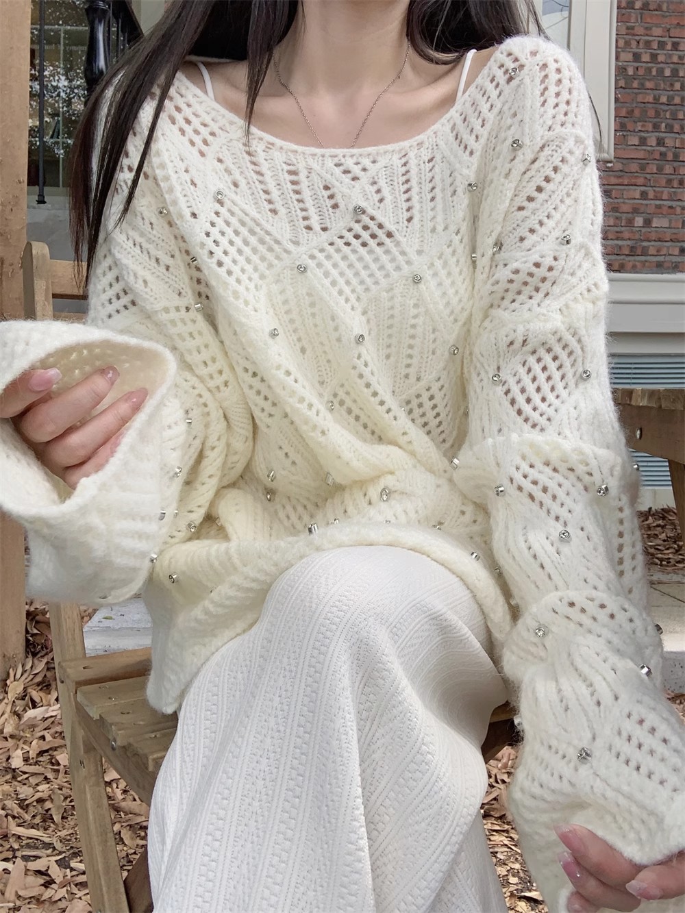 French white hollow long-sleeved knitted sweater for women in spring and autumn soft and waxy loose thickened blouse outer layer top in autumn and winter