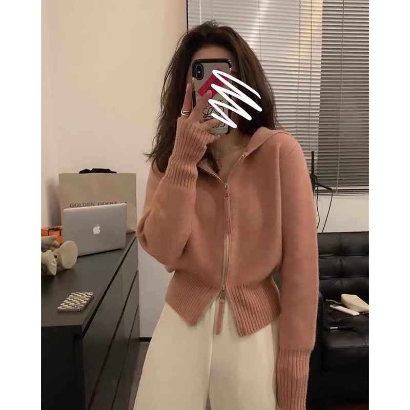 Autumn and winter soft waxy double zipper hooded knitted cardigan for women, high-end lazy style outer sweater jacket pink top