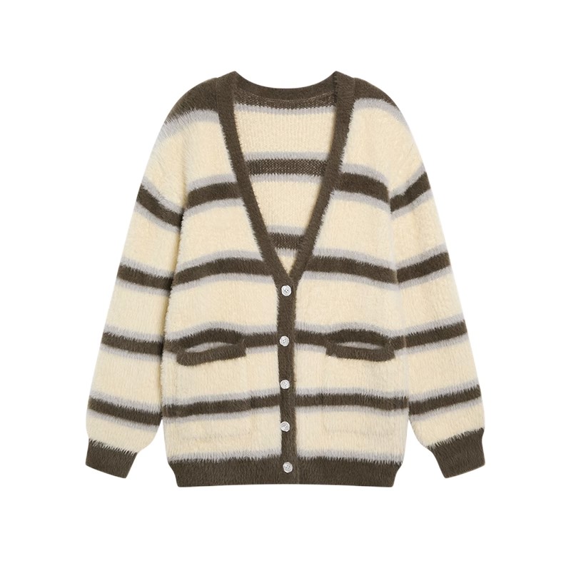 Mohair striped sweater jacket for women autumn and winter  new retro Korean college style thickened knitted cardigan