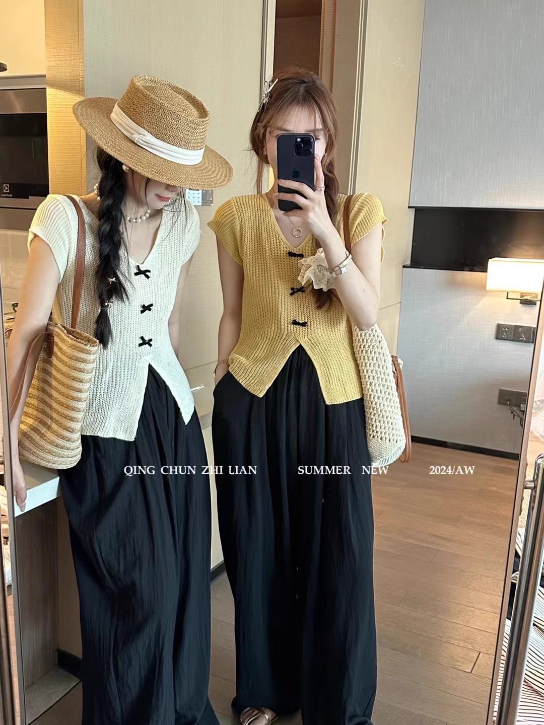 2024 Summer Korean Style Versatile Bow Ice Silk Knitted Top Casual Loose Temperament Slit Short Sleeve Women