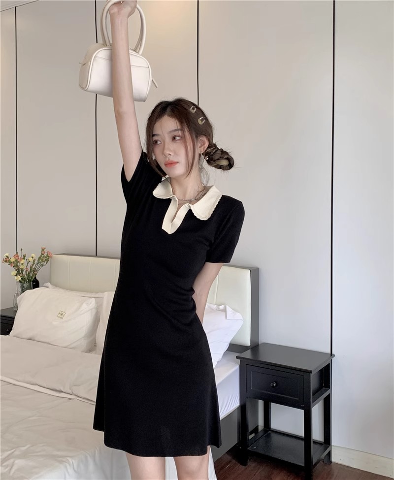 Contrast color polo collar knitted dress for women summer Hepburn style little black dress slim waist small A-line skirt