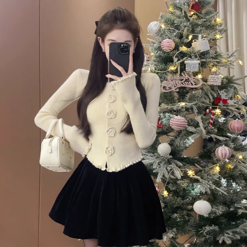 Christmas Outfits Red Sweater Women's Knitted Sweater Cardigan Jacket Autumn and Winter  New Style Bottoming Short Top