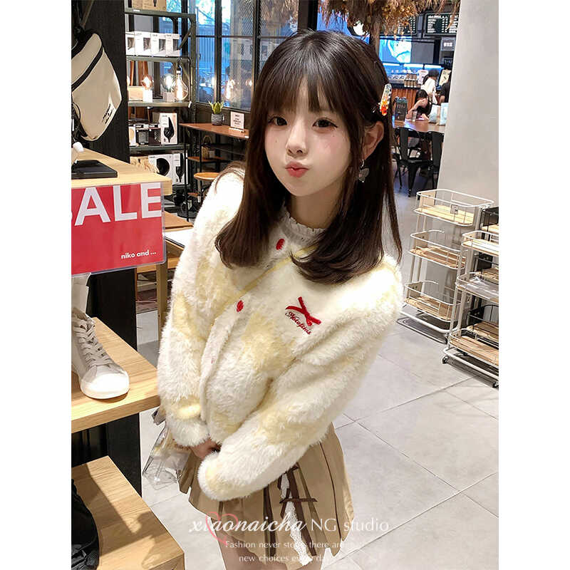 Creamy yellow sweet bow striped knitted cardigan for women in autumn, loose, lazy style, soft and waxy sweater jacket for small people