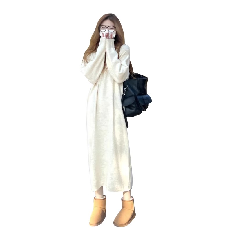 Sweater knitted dress long slimming  early autumn women's loose high-end French long skirt white