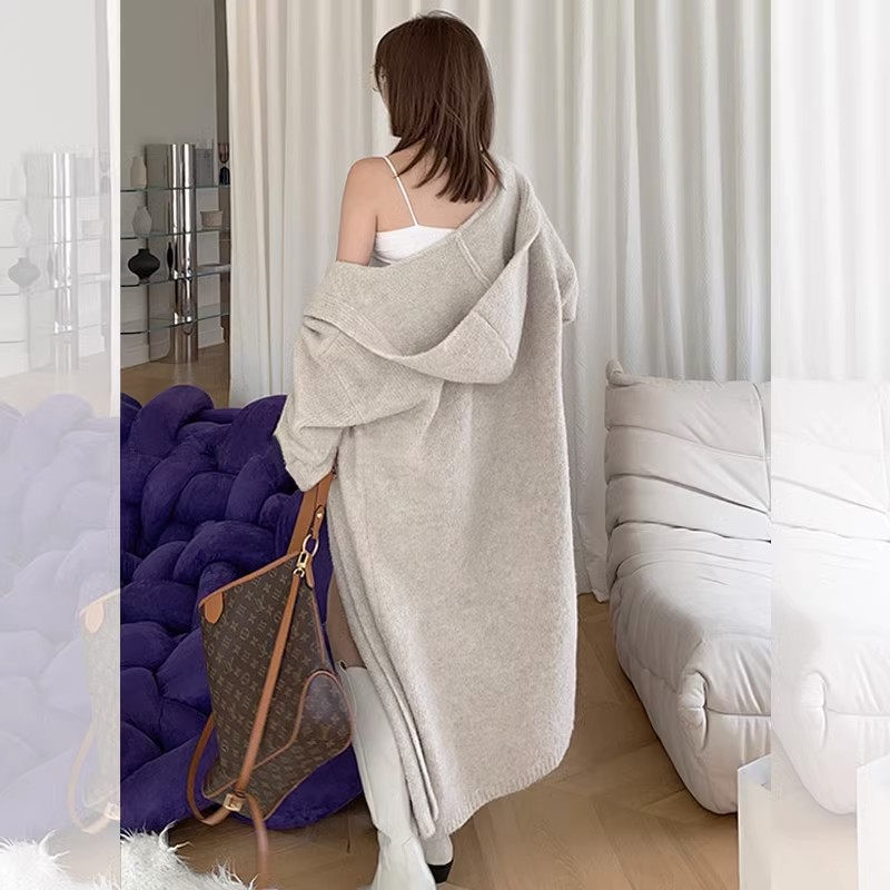 Extra long soft waxy hooded sweater coat for women, spring and autumn silhouette knitted cardigan for women, loose outer layer, lazy style top